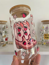 Load image into Gallery viewer, Strawberry Coquette Pink Bows 16 oz Glass Can
