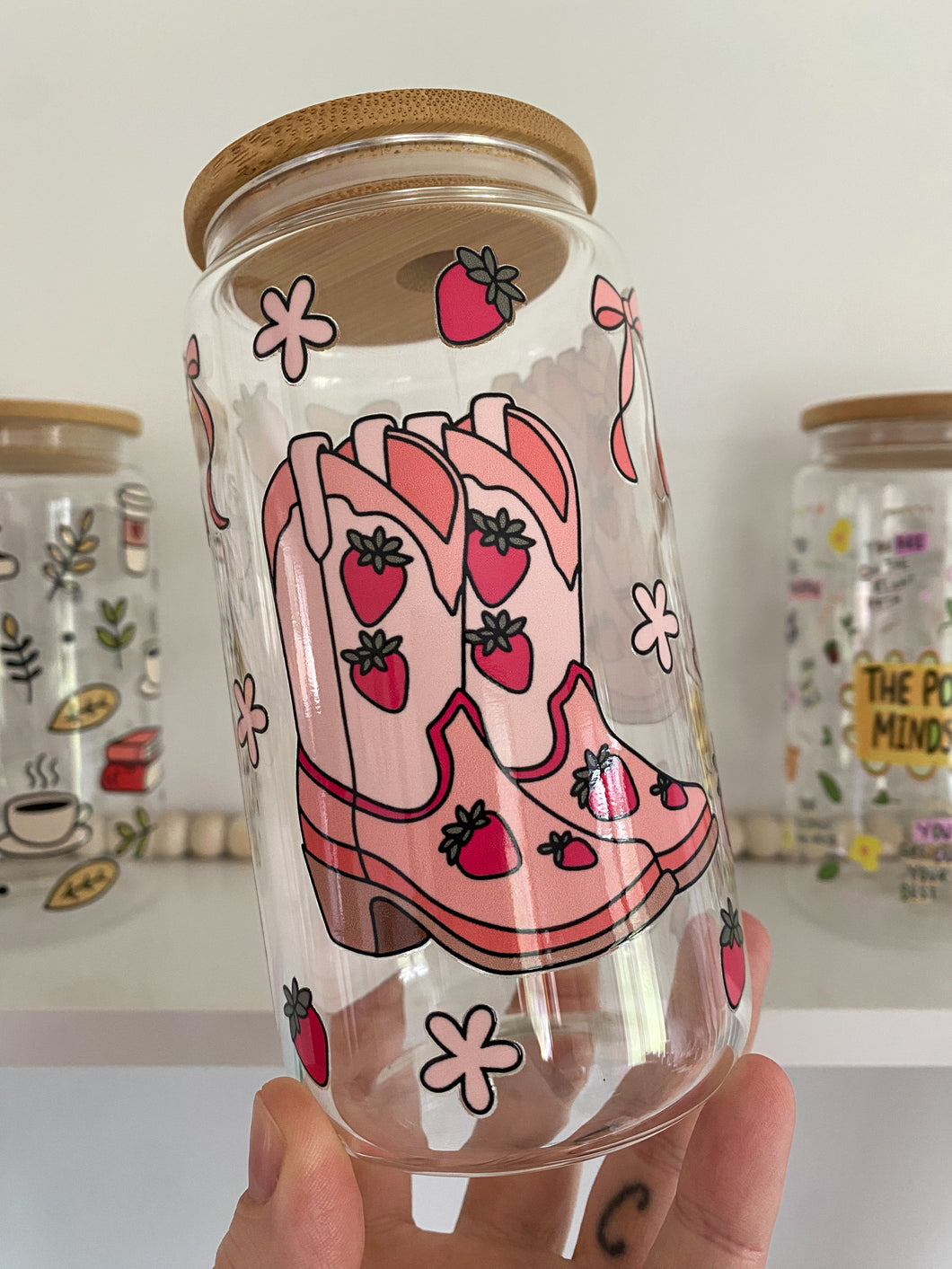 Strawberry Coquette Pink Bows 16 oz Glass Can