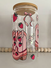 Load image into Gallery viewer, Strawberry Coquette Pink Bows 16 oz Glass Can
